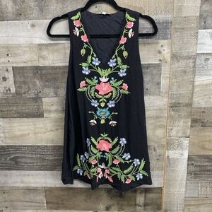 Umgee Small Boho Dress Heavy Floral Embroidered Lined Pockets Black Sleeveless‎